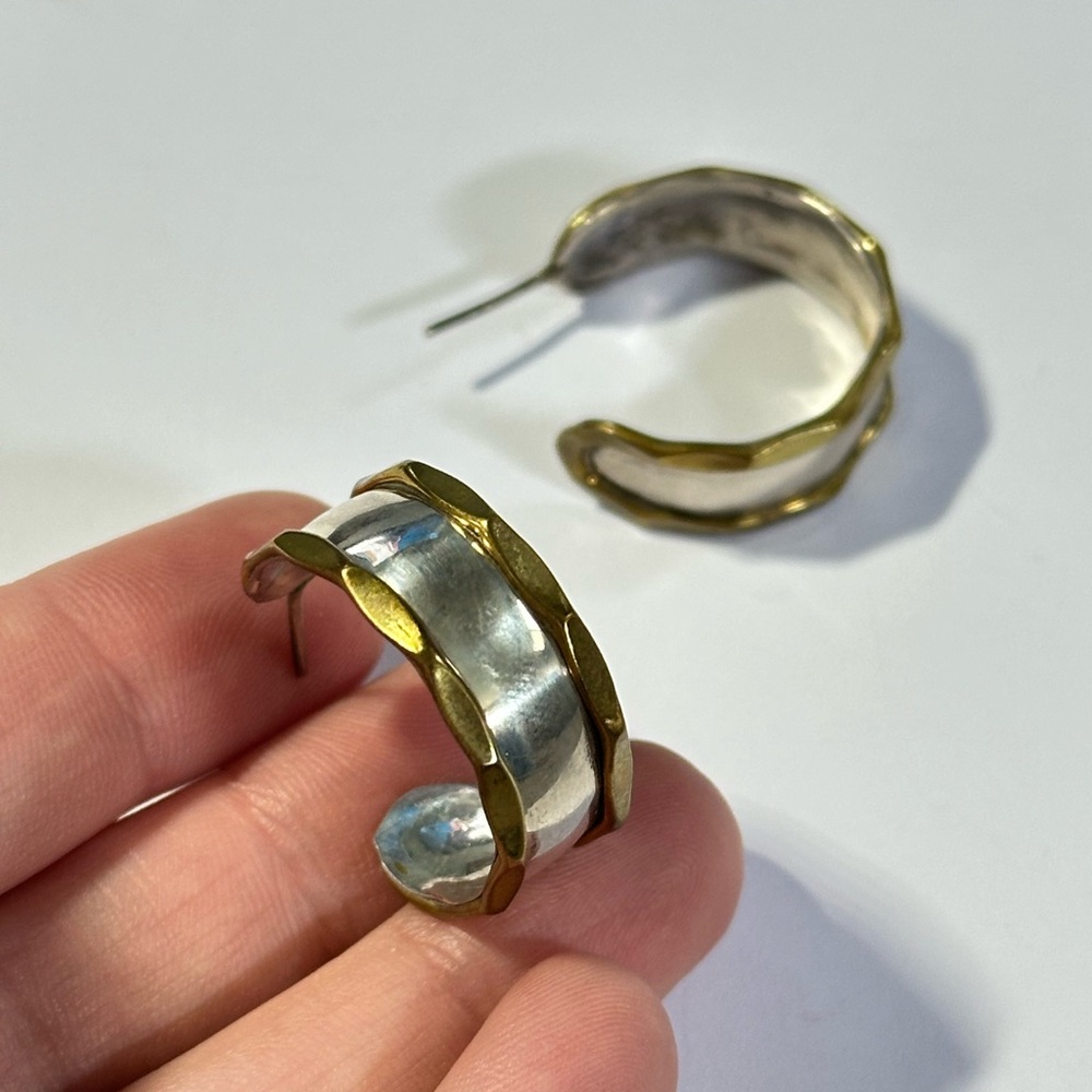 Vintage 925 Brass Two-Tone Textured Hoop Earrings Modernist Mexico Southwestern